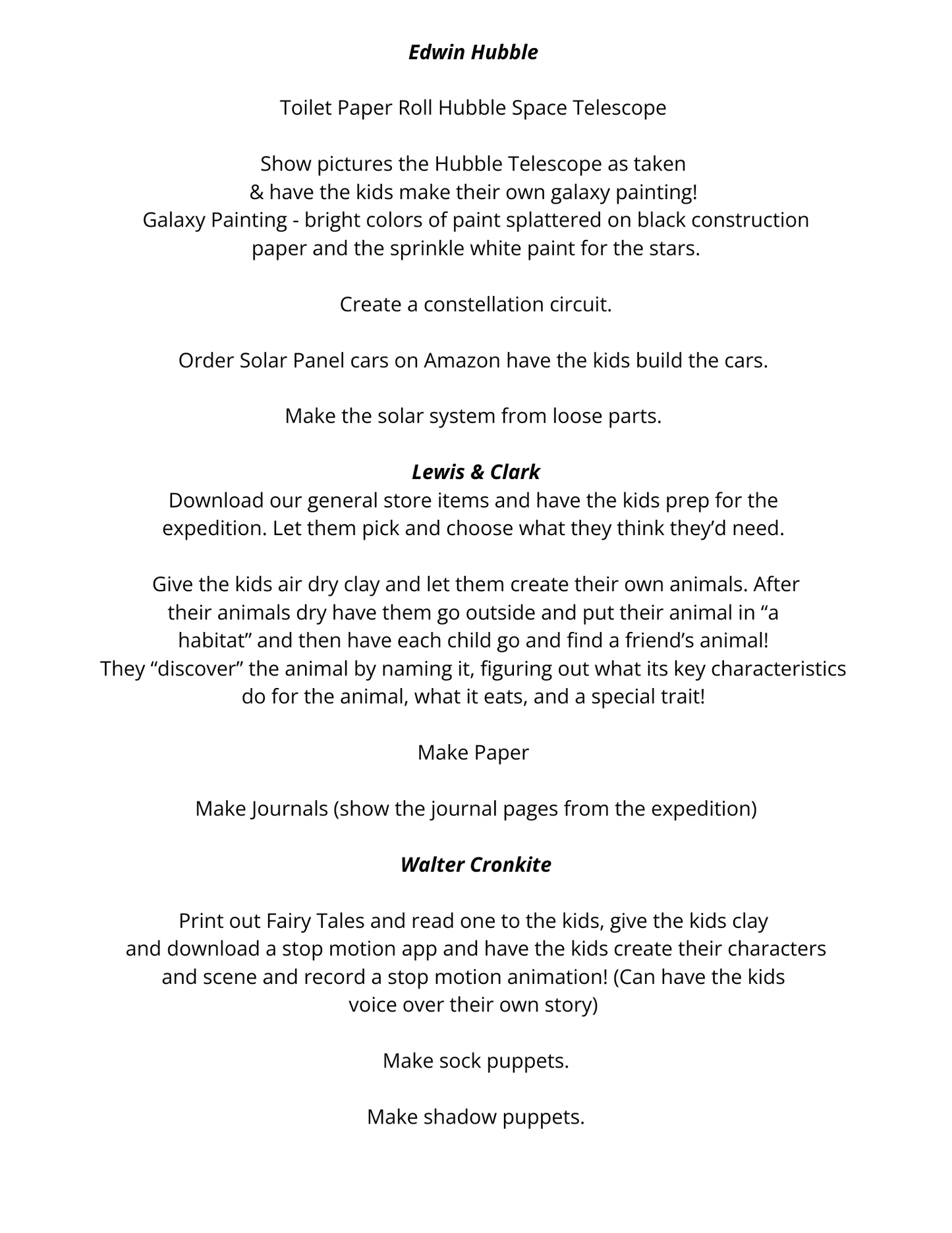 Activity Idea Lists